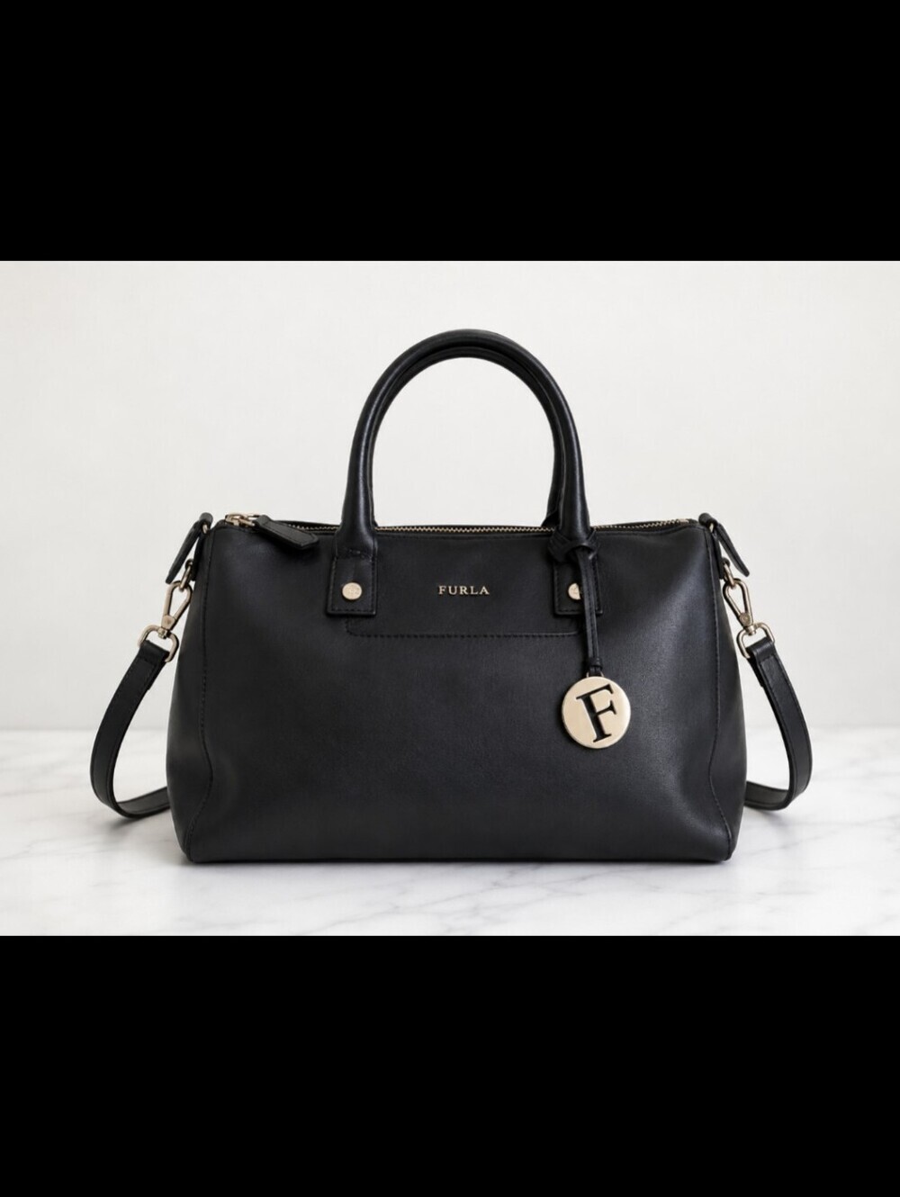 Furla Linda Medium Leather Black And Gold Satchel Bag